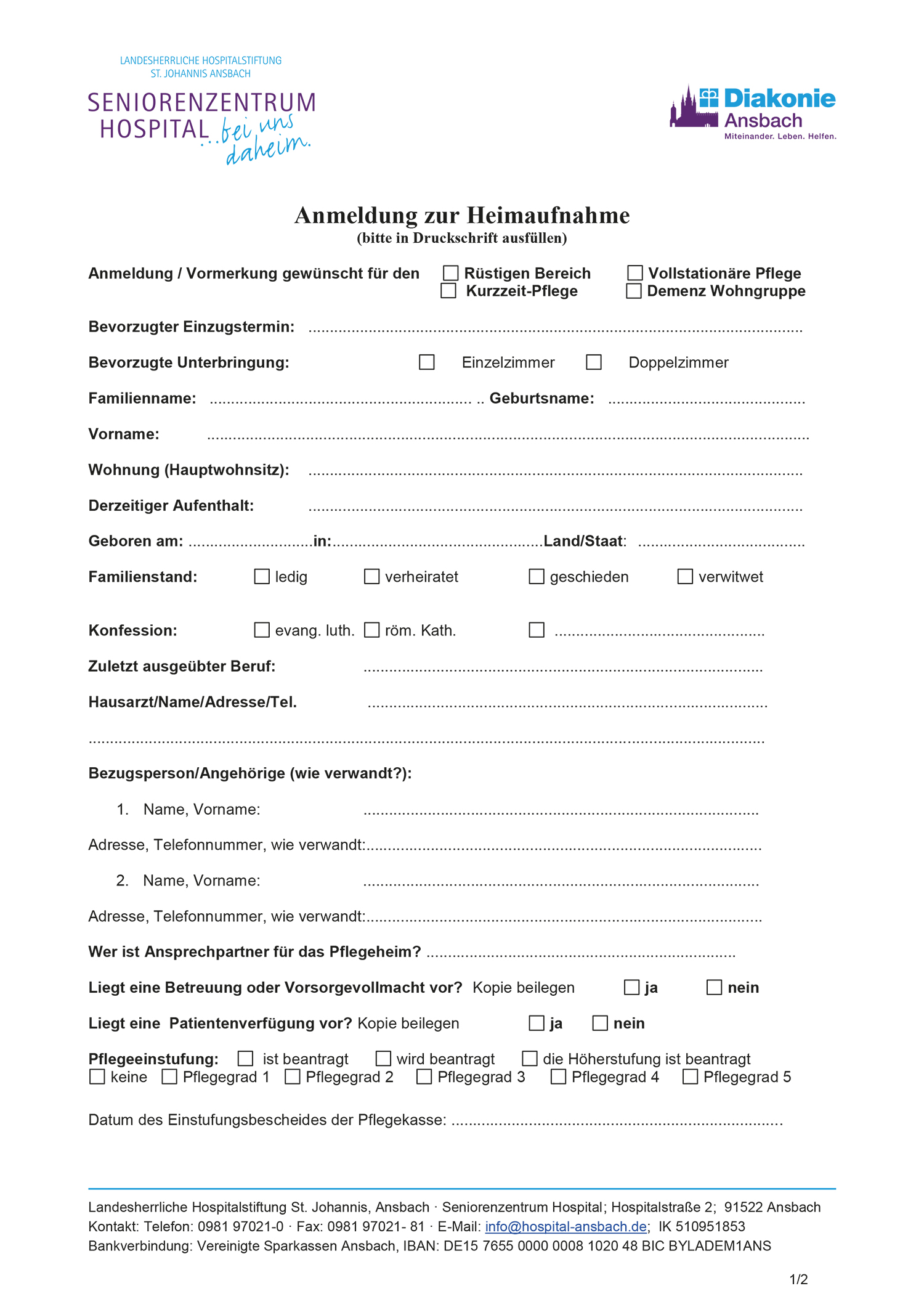 Anmeldung zur Heimaufnahme Seite 1